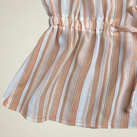 Vintage 70s striped button up blouse, short puff sleeve, cinched tie waist, prep - Picture 5 of 11